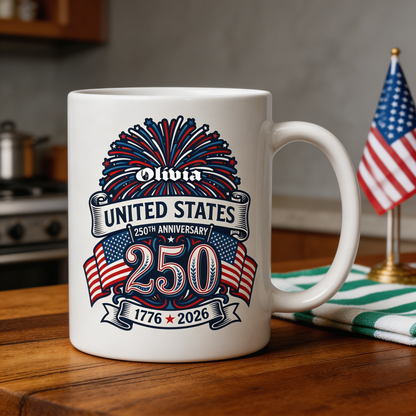 United States 250th Anniversary Personalized White Mug – Custom Name America 1776–2026 Fireworks Mug