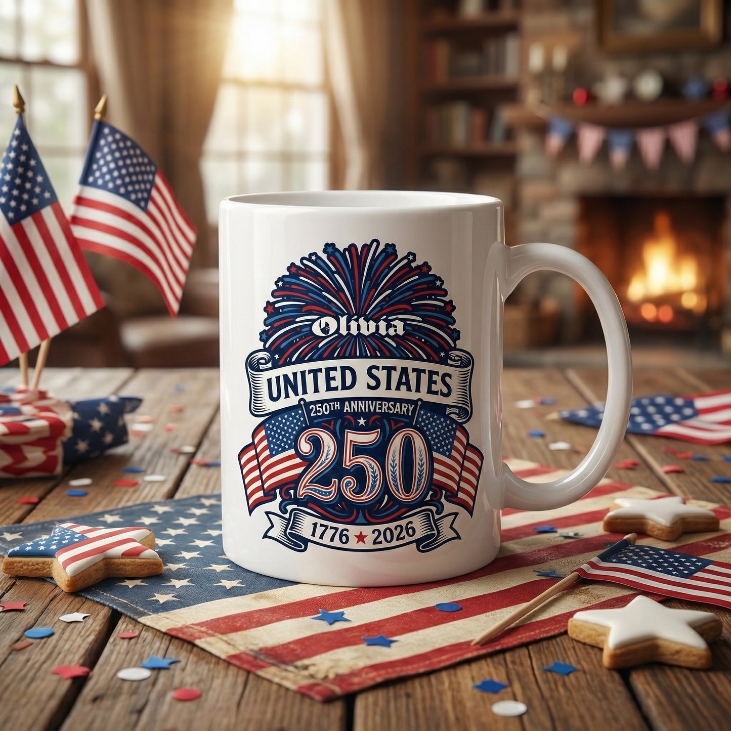 United States 250th Anniversary Personalized White Mug – Custom Name America 1776–2026 Fireworks Mug
