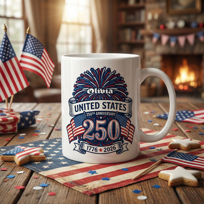 United States 250th Anniversary Personalized White Mug – Custom Name America 1776–2026 Fireworks Mug