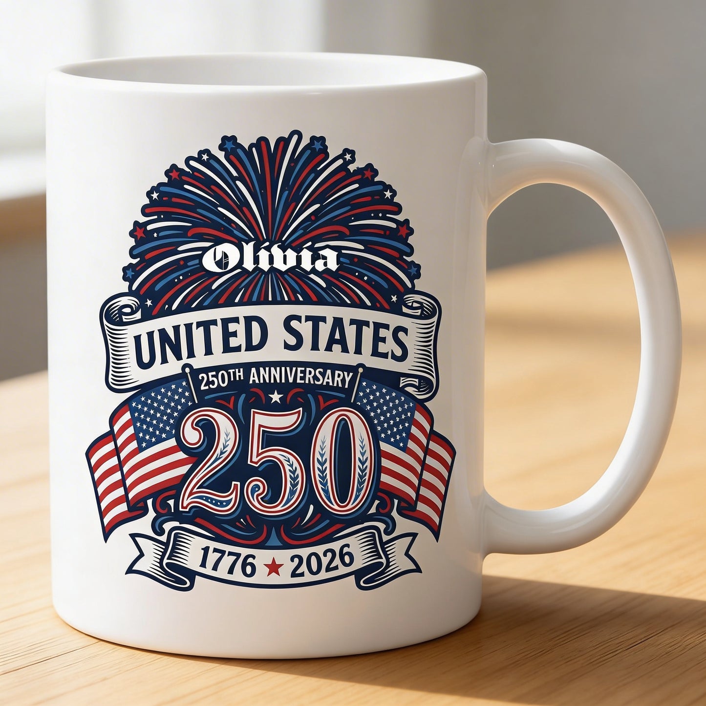 United States 250th Anniversary Personalized White Mug – Custom Name America 1776–2026 Fireworks Mug