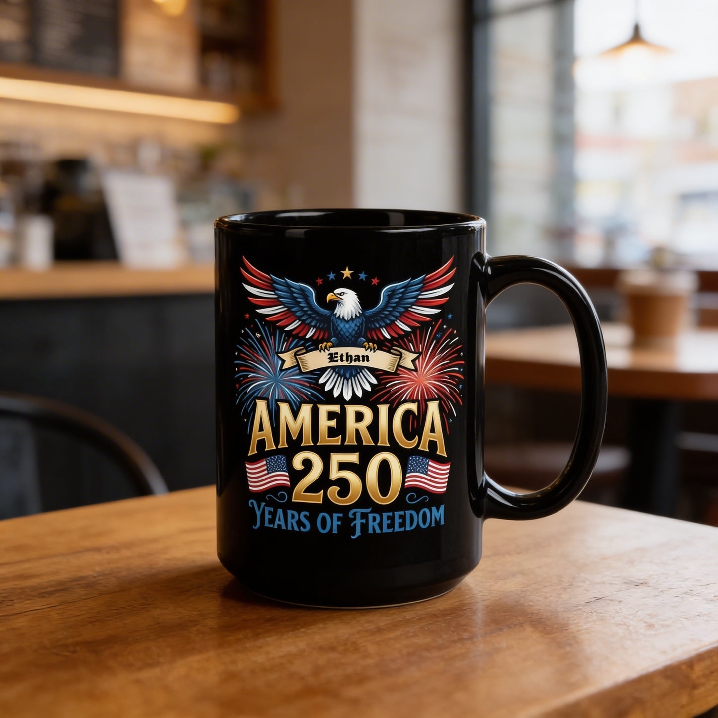 America 250 Years of Freedom Personalized Black Mug – Custom Name Patriotic Fireworks 1776–2026 Mug