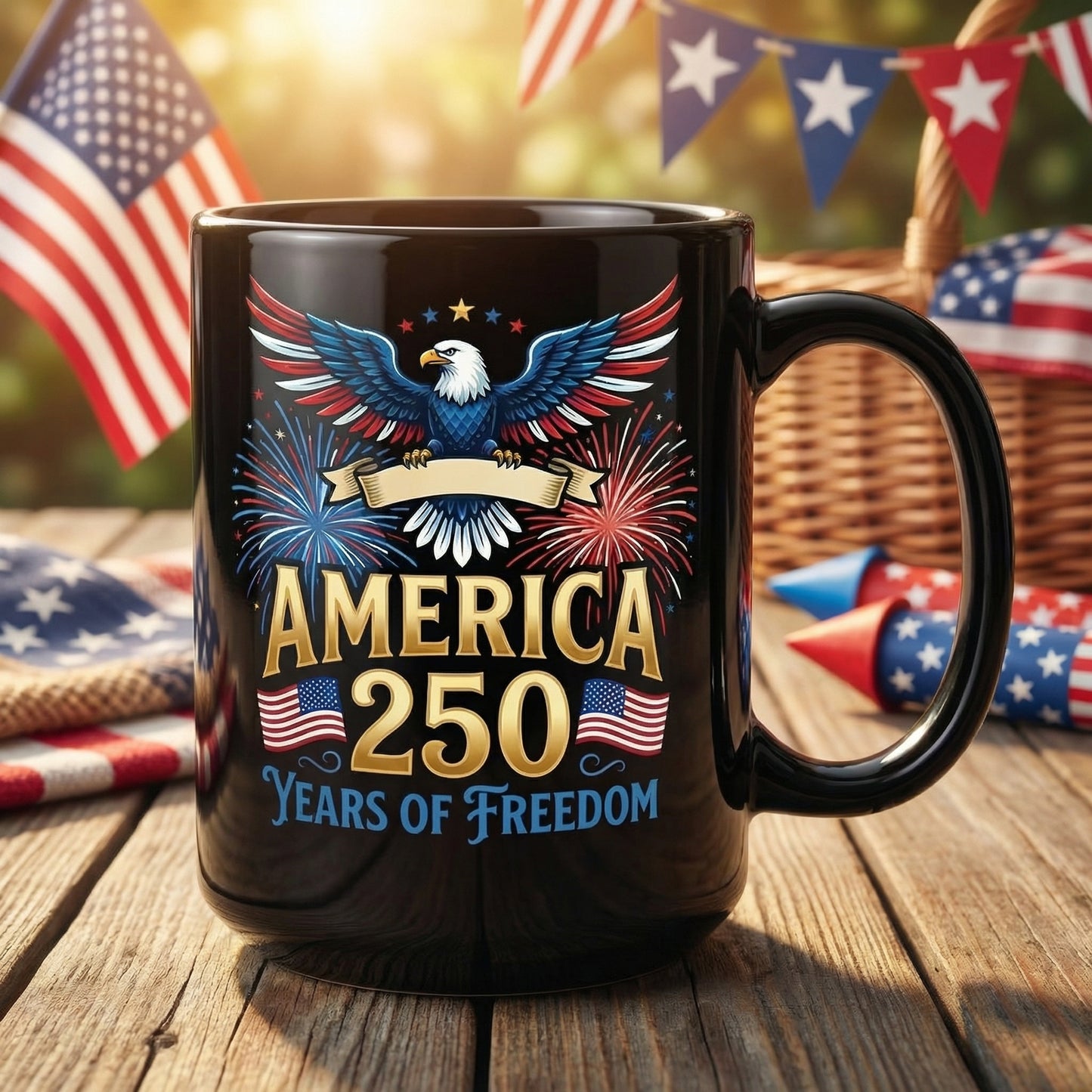 America 250 Years of Freedom Personalized Black Mug – Custom Name Patriotic Fireworks 1776–2026 Mug