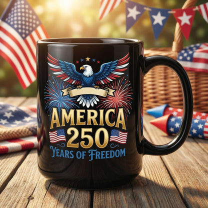 America 250 Years of Freedom Personalized Black Mug – Custom Name Patriotic Fireworks 1776–2026 Mug