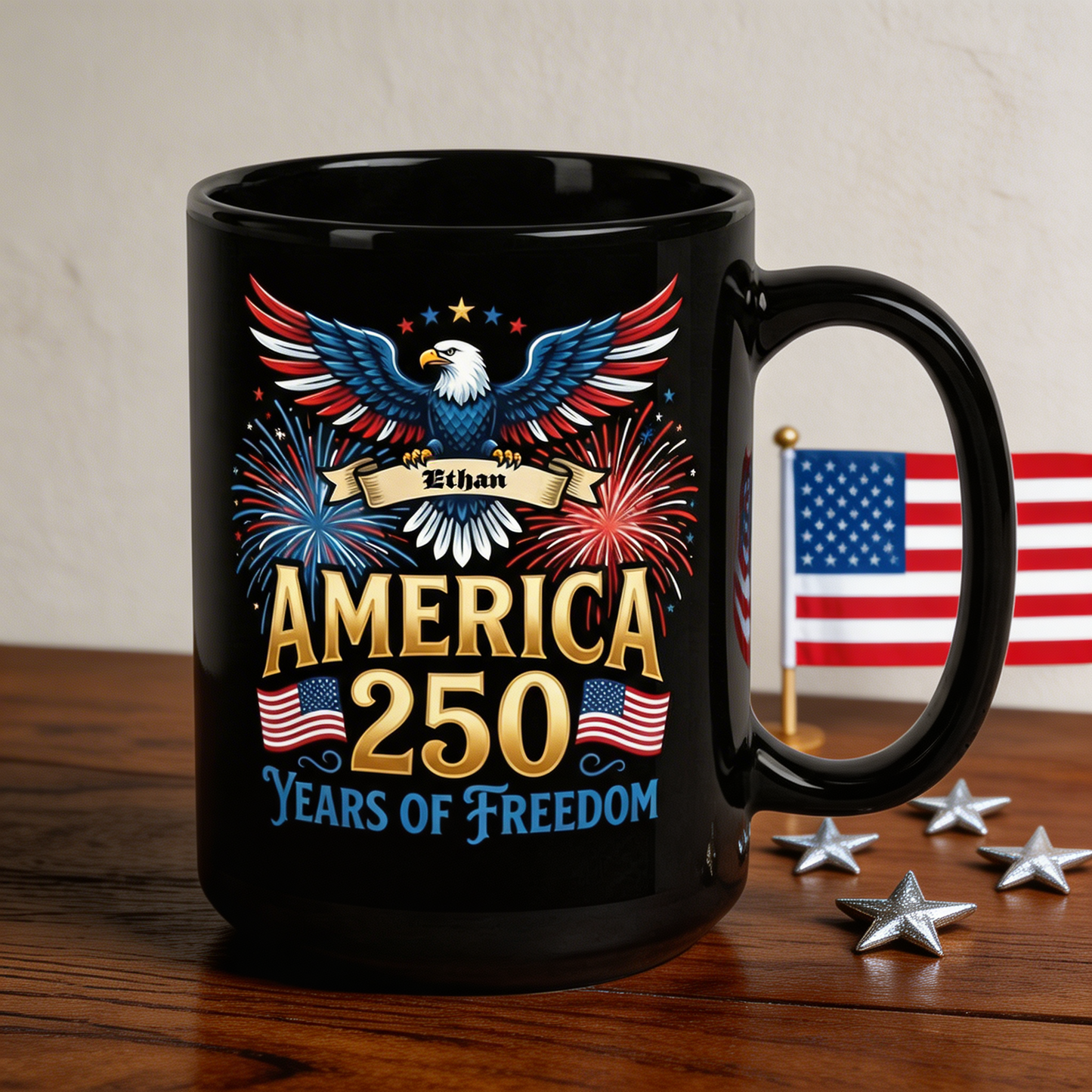 America 250 Years of Freedom Personalized Black Mug – Custom Name Patriotic Fireworks 1776–2026 Mug