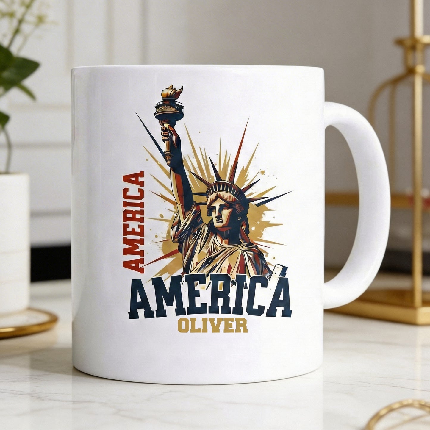 America 250 Statue of Liberty Personalized White Mug – Custom Name USA 1776–2026 Anniversary Mug