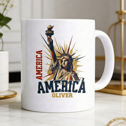 America 250 Statue of Liberty Personalized White Mug – Custom Name USA 1776–2026 Anniversary Mug