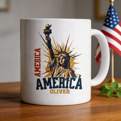 America 250 Statue of Liberty Personalized White Mug – Custom Name USA 1776–2026 Anniversary Mug