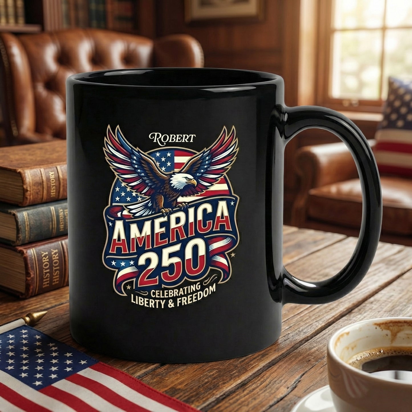 America 250 Celebrating Liberty & Freedom Personalized Black Mug – Custom Name Patriotic Eagle Mug