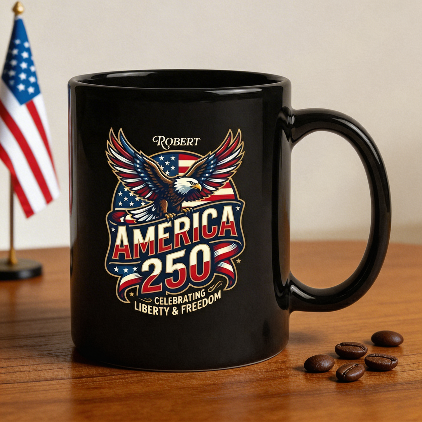 America 250 Celebrating Liberty & Freedom Personalized Black Mug – Custom Name Patriotic Eagle Mug