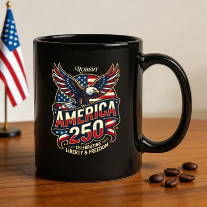 America 250 Celebrating Liberty & Freedom Personalized Black Mug – Custom Name Patriotic Eagle Mug