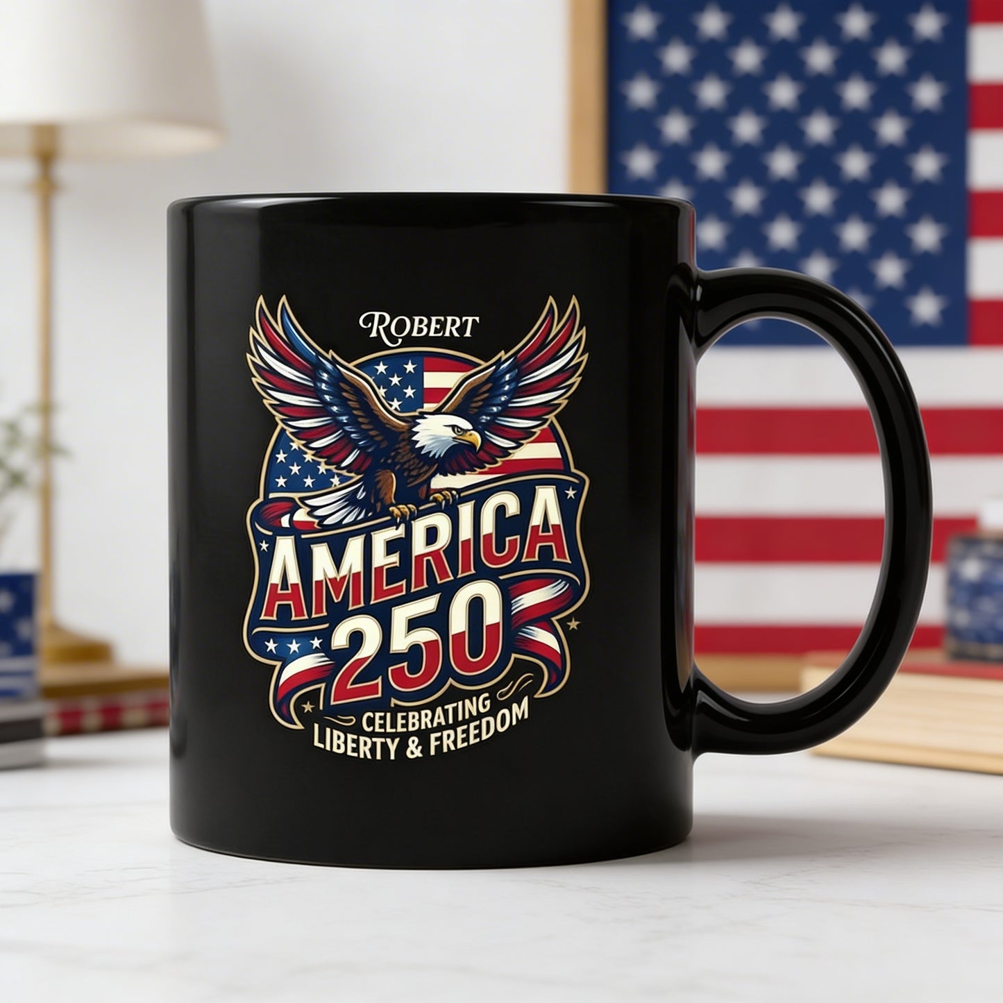 America 250 Celebrating Liberty & Freedom Personalized Black Mug – Custom Name Patriotic Eagle Mug