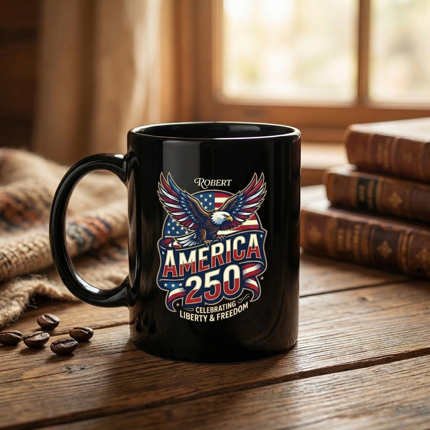 America 250 Celebrating Liberty & Freedom Personalized Black Mug – Custom Name Patriotic Eagle Mug