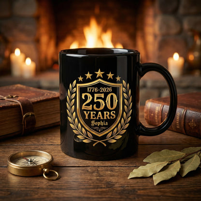 America 250 Years Personalized Black Mug – USA 1776-2026 250th Anniversary Patriotic Mug