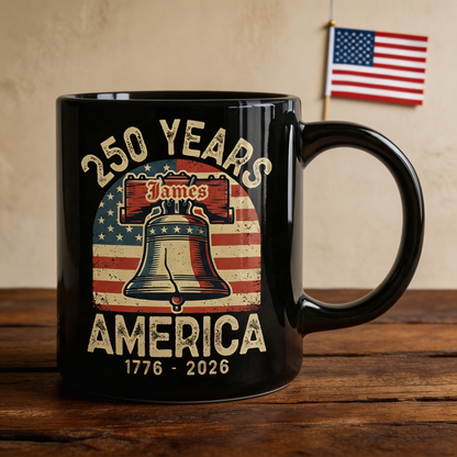 America 250 Liberty Bell Personalized Black Mug – USA 1776-2026 250 Years Patriotic Mug