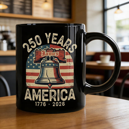 America 250 Liberty Bell Personalized Black Mug – USA 1776-2026 250 Years Patriotic Mug
