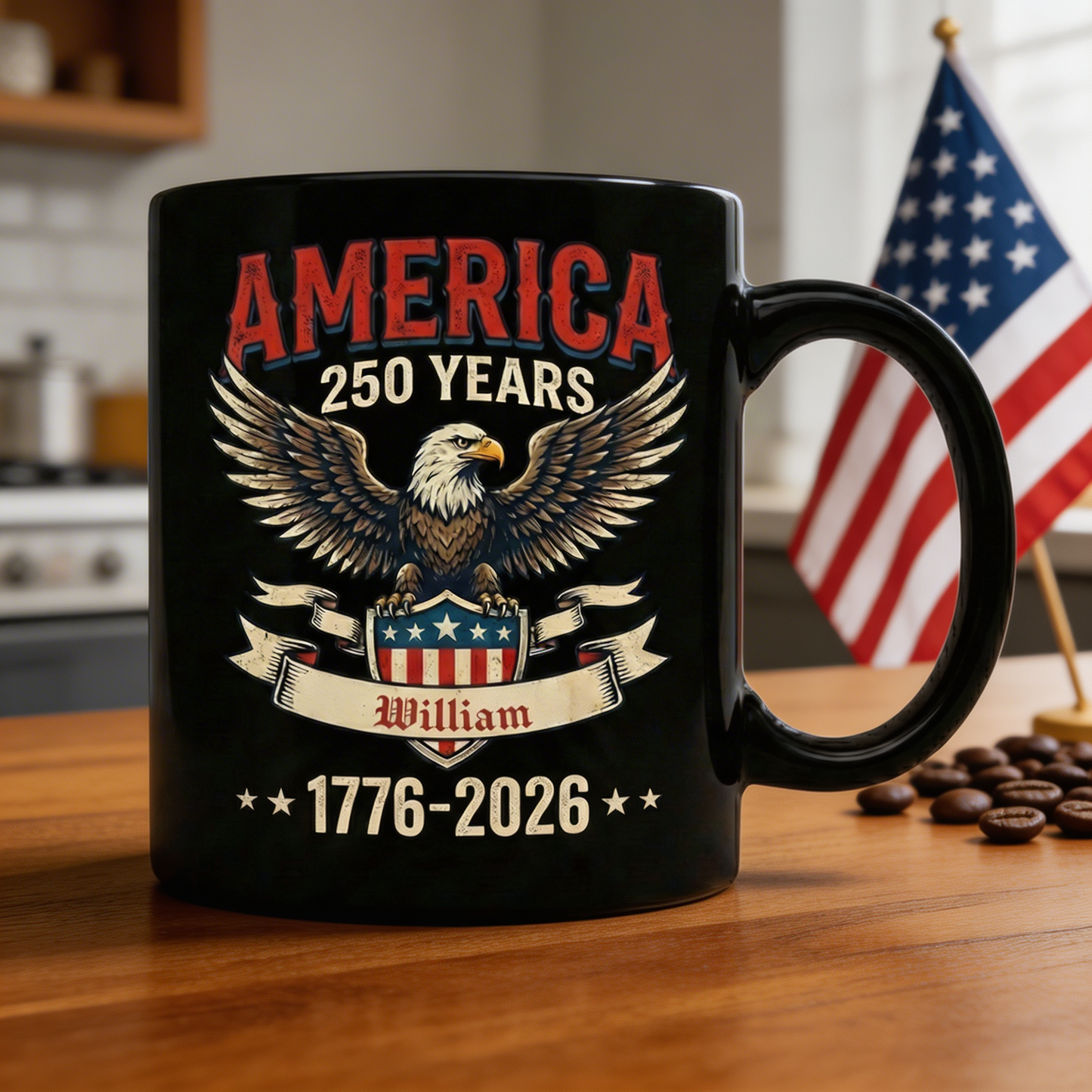 America 250 Years Patriotic Eagle Personalized Black Mug – USA 1776-2026 Independence Anniversary Mug