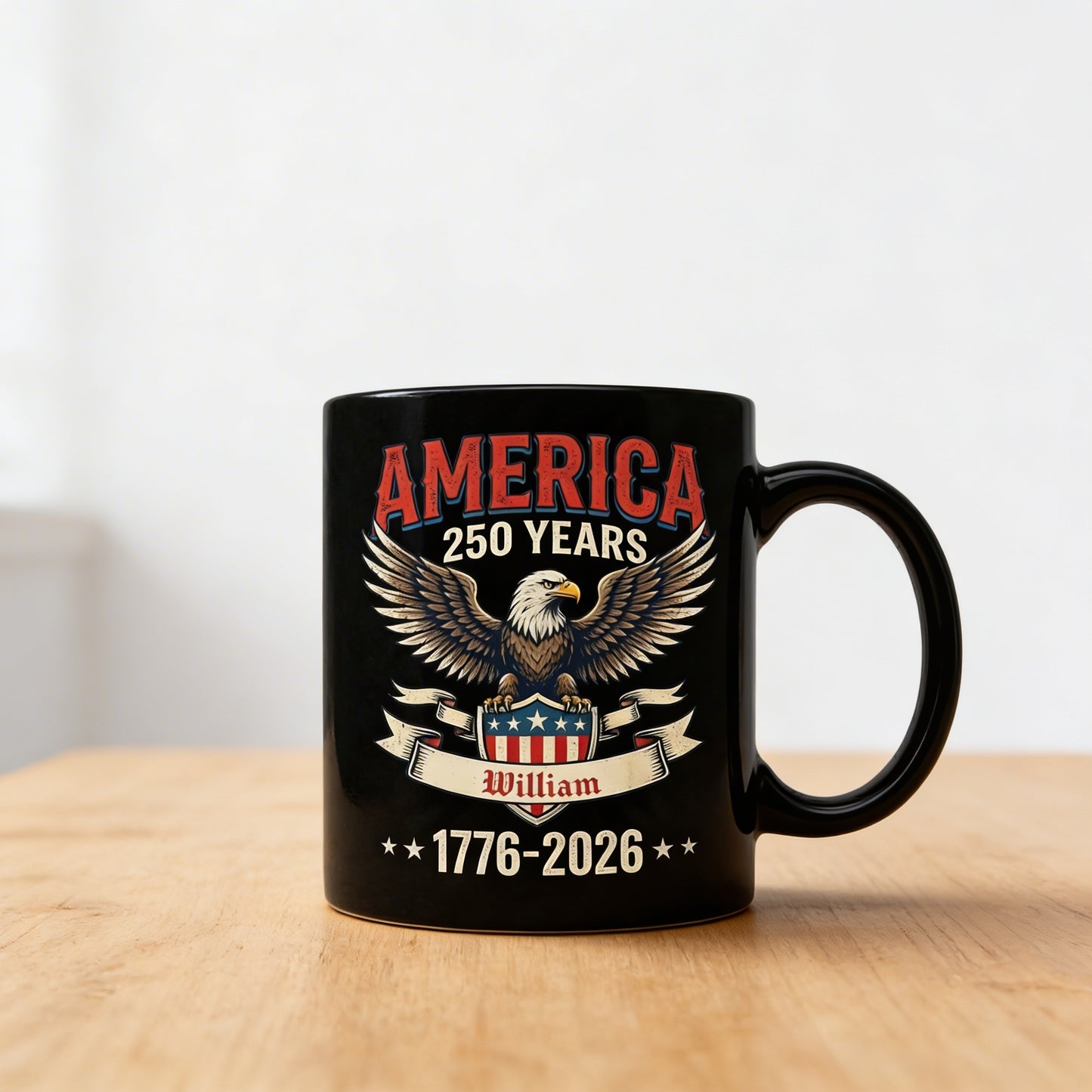 America 250 Years Patriotic Eagle Personalized Black Mug – USA 1776-2026 Independence Anniversary Mug