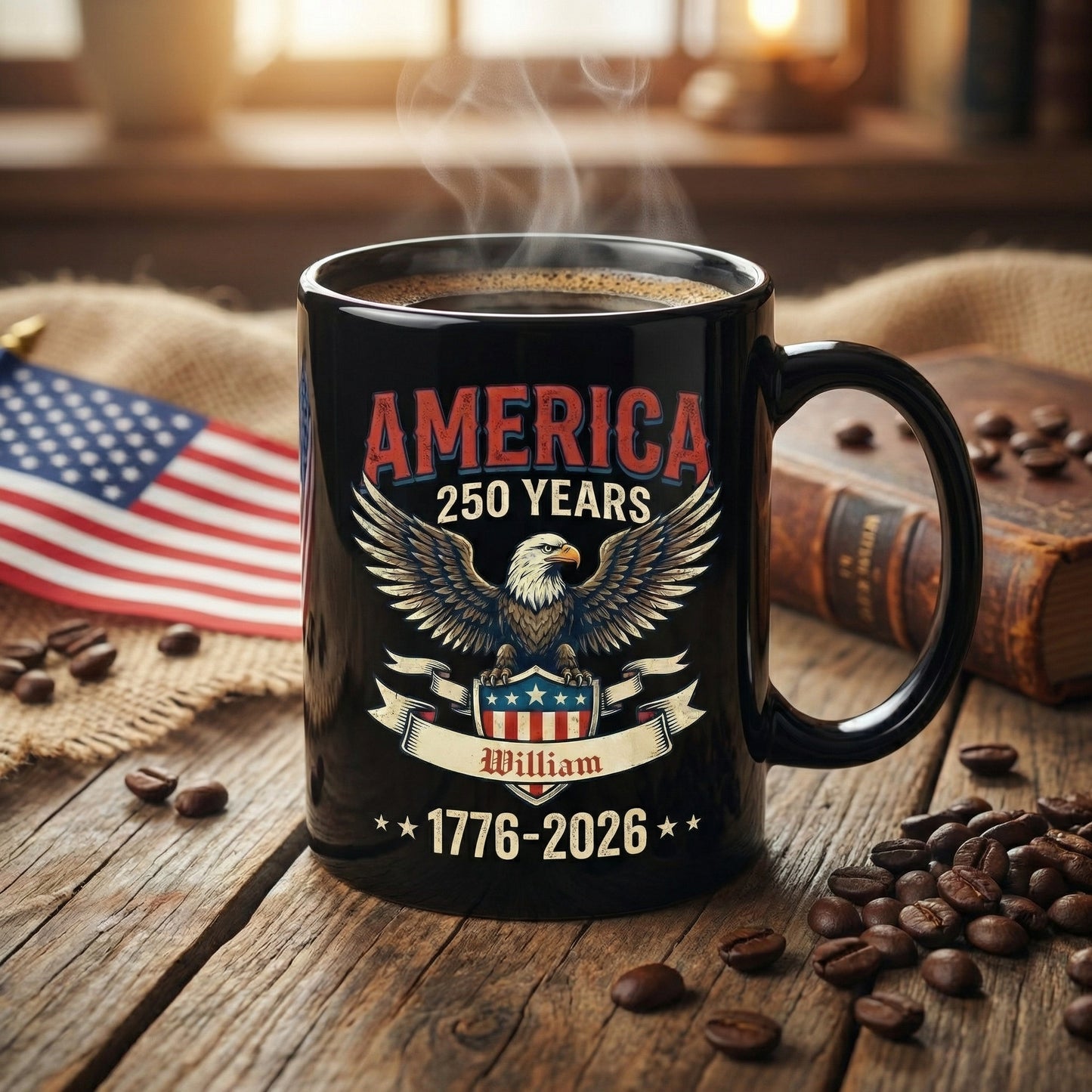 America 250 Years Patriotic Eagle Personalized Black Mug – USA 1776-2026 Independence Anniversary Mug