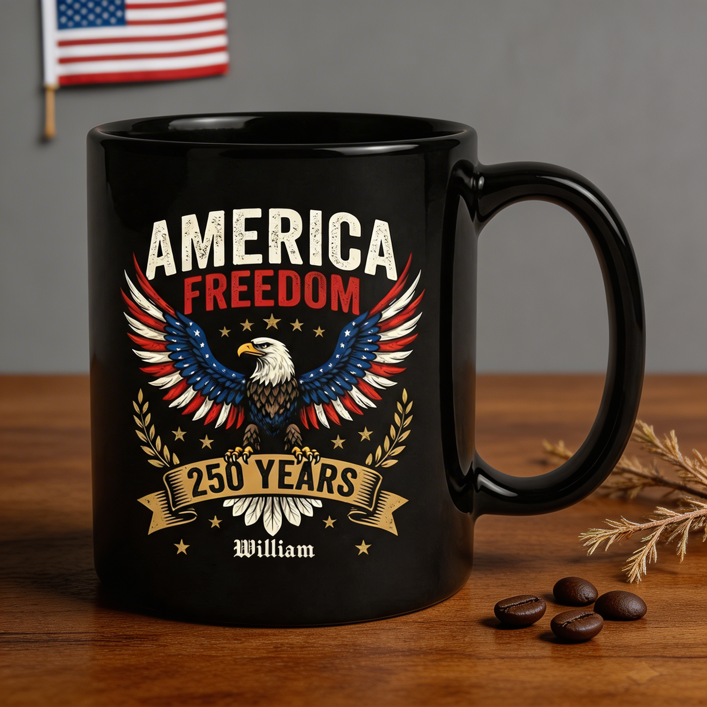 America Freedom 250 Years Personalized Black Mug – USA 1776-2026 Patriotic Eagle Anniversary Mug