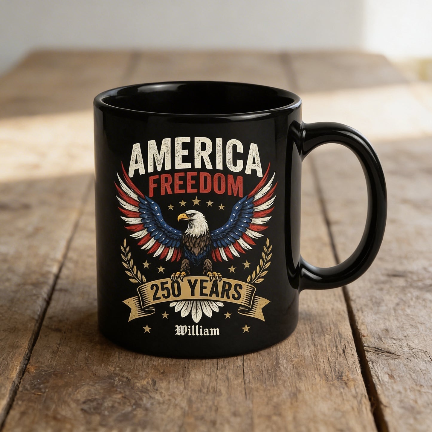America Freedom 250 Years Personalized Black Mug – USA 1776-2026 Patriotic Eagle Anniversary Mug
