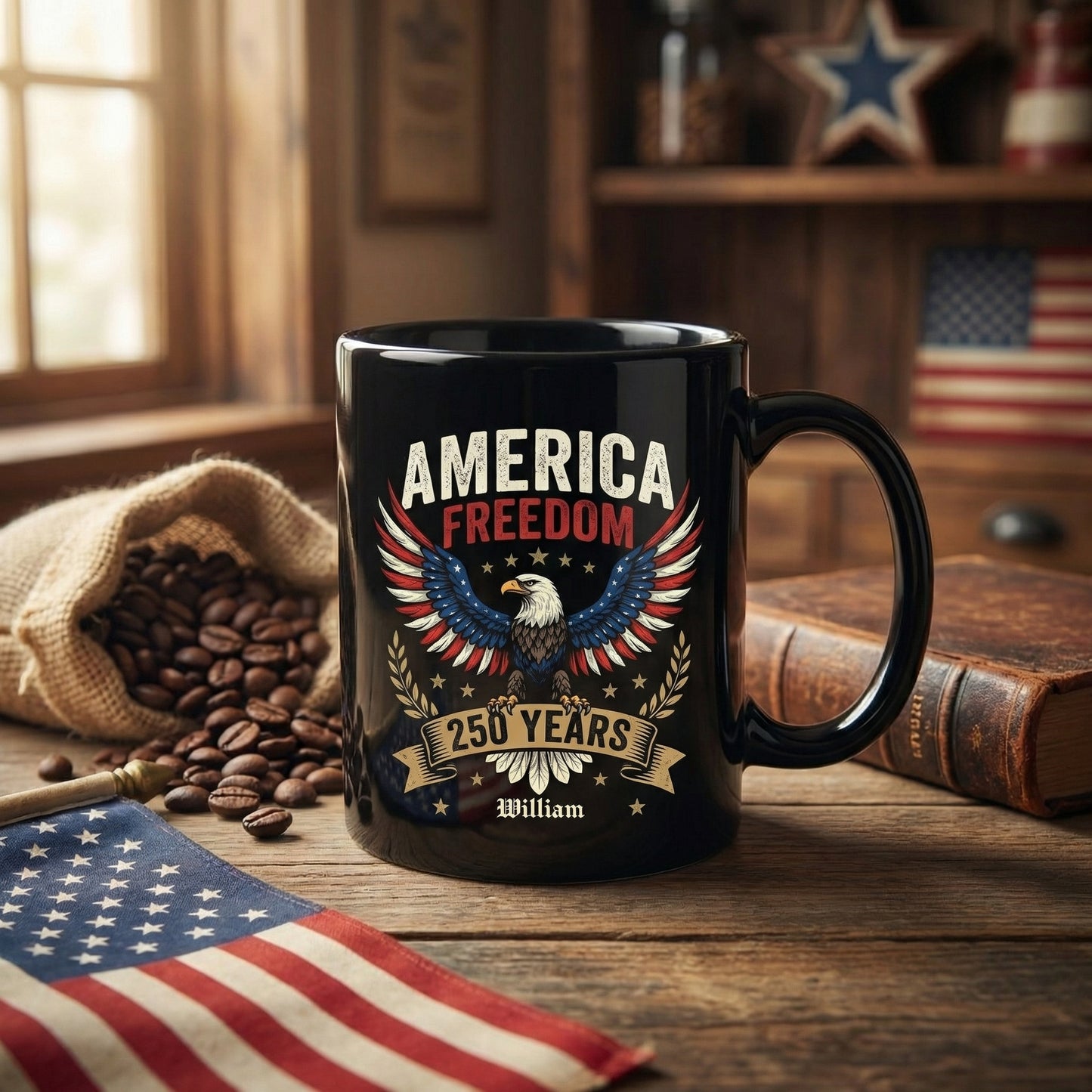 America Freedom 250 Years Personalized Black Mug – USA 1776-2026 Patriotic Eagle Anniversary Mug
