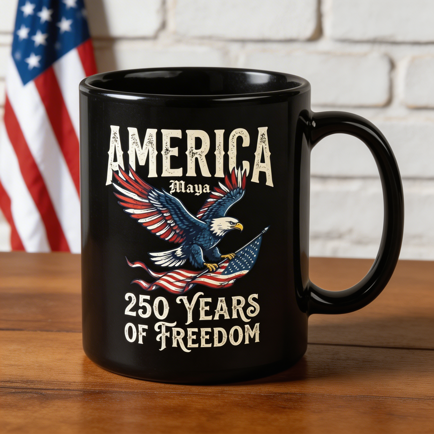 America 250 Years of Freedom Personalized Black Mug – Patriotic Eagle Flag USA Anniversary Mug