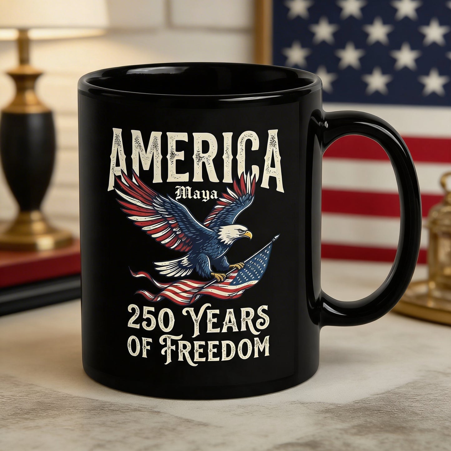 America 250 Years of Freedom Personalized Black Mug – Patriotic Eagle Flag USA Anniversary Mug
