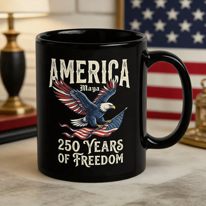 America 250 Years of Freedom Personalized Black Mug – Patriotic Eagle Flag USA Anniversary Mug