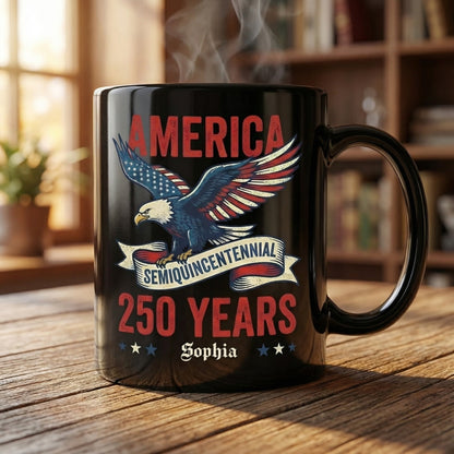 America 250 Semiquincentennial Eagle Personalized Black Mug – USA 250 Years Anniversary Mug