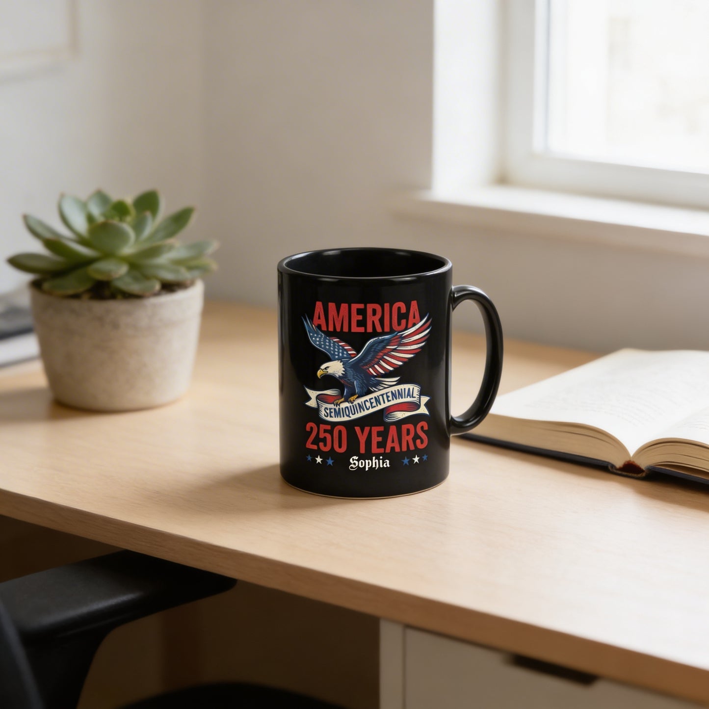 America 250 Semiquincentennial Eagle Personalized Black Mug – USA 250 Years Anniversary Mug