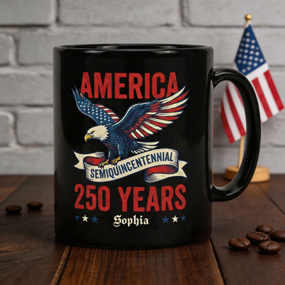 America 250 Semiquincentennial Eagle Personalized Black Mug – USA 250 Years Anniversary Mug