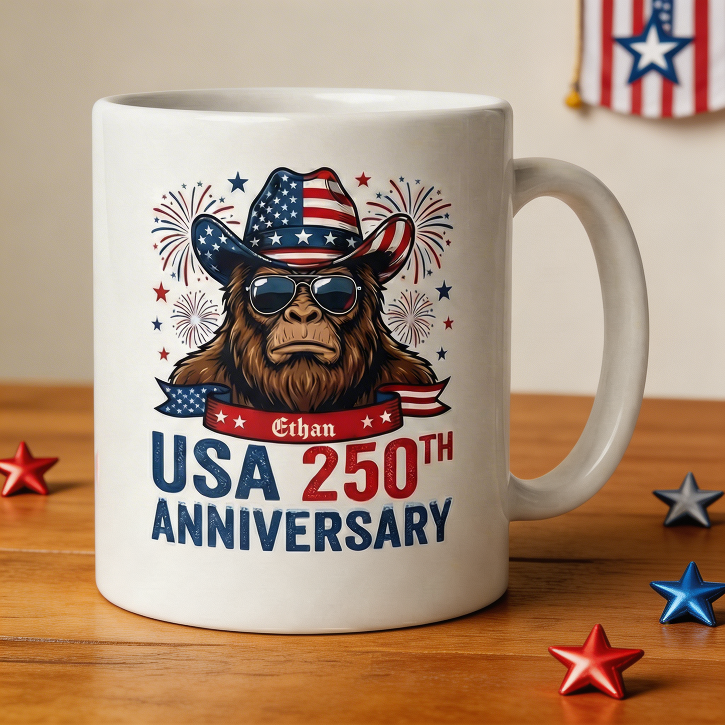 USA 250th Anniversary Personalized White Mug – America 250 Patriotic Cowboy Bigfoot Mug