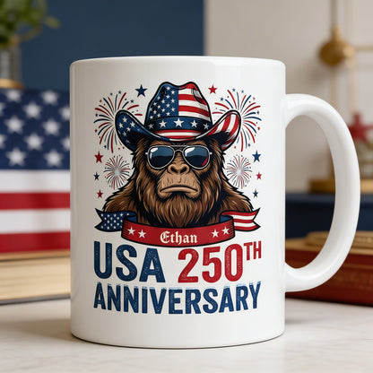 USA 250th Anniversary Personalized White Mug – America 250 Patriotic Cowboy Bigfoot Mug