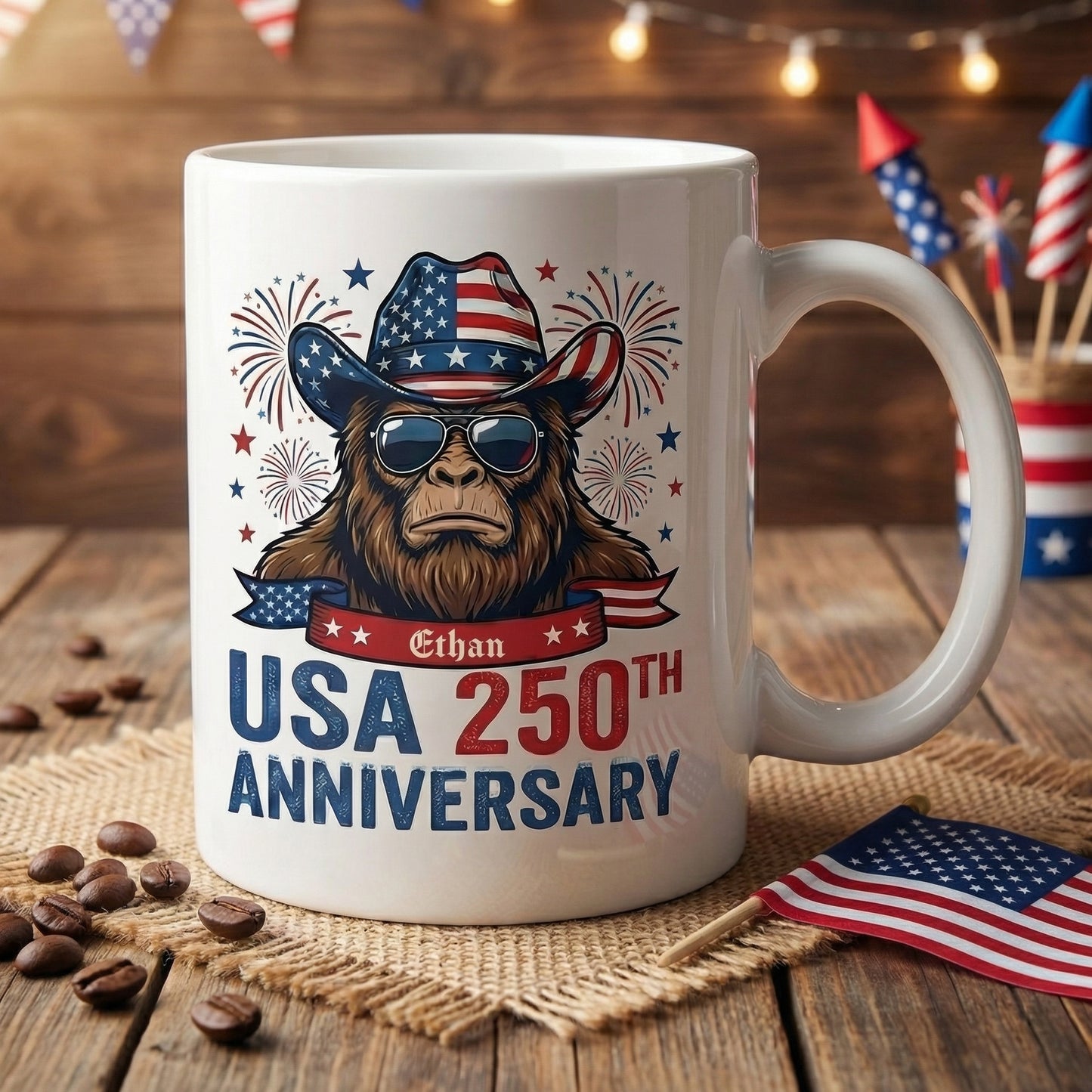 USA 250th Anniversary Personalized White Mug – America 250 Patriotic Cowboy Bigfoot Mug