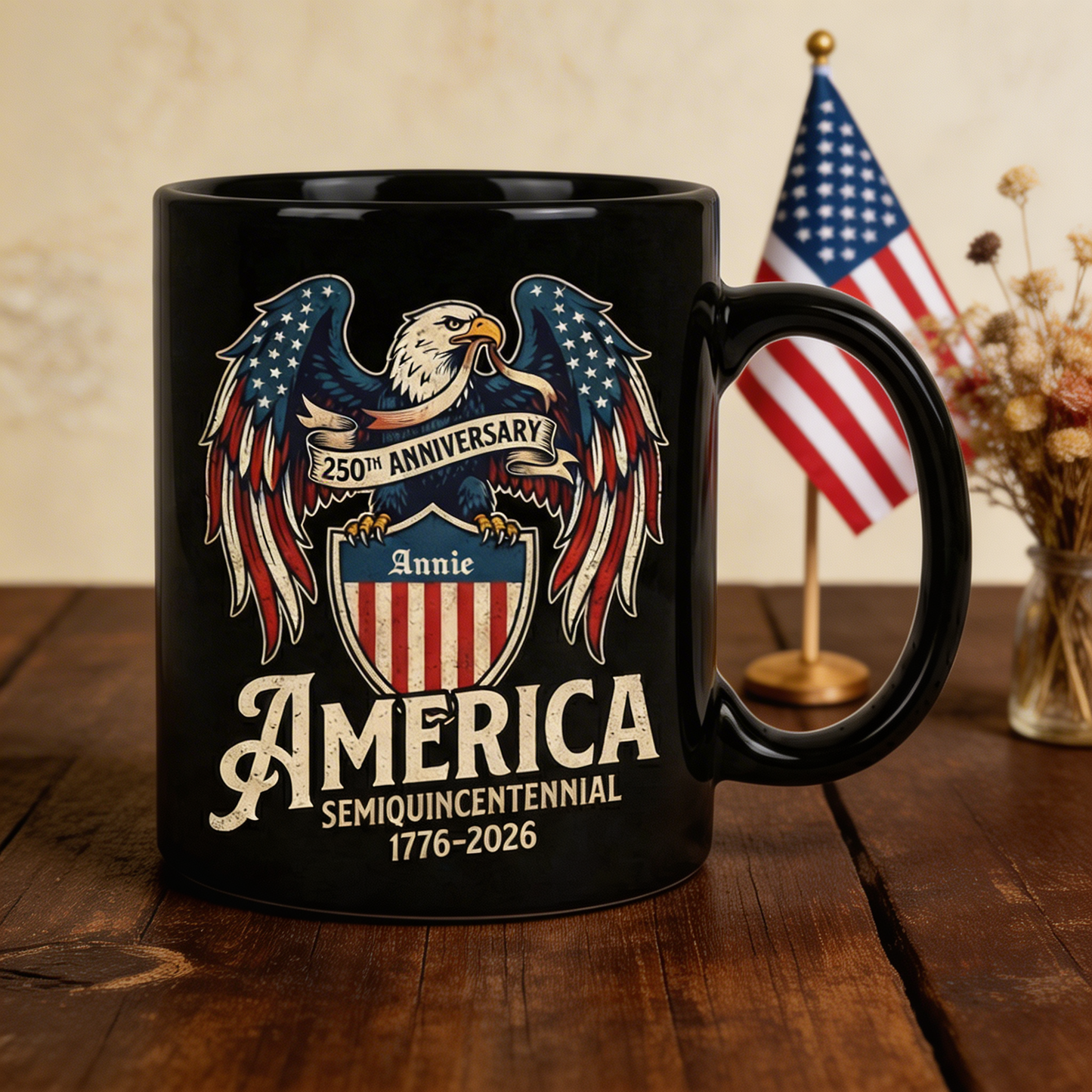 America 250th Anniversary Eagle Personalized Black Mug – USA Semiquincentennial 1776-2026 Patriotic Mug