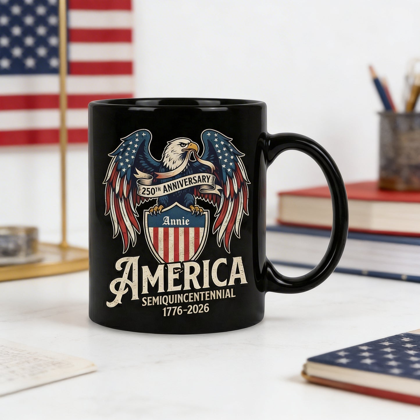 America 250th Anniversary Eagle Personalized Black Mug – USA Semiquincentennial 1776-2026 Patriotic Mug