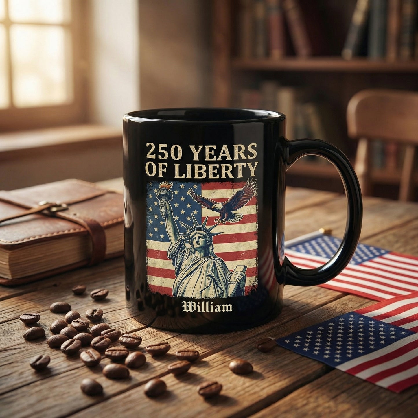 America 250 Years of Liberty Personalized Black Mug – USA 1776-2026 Patriotic Statue of Liberty Mug
