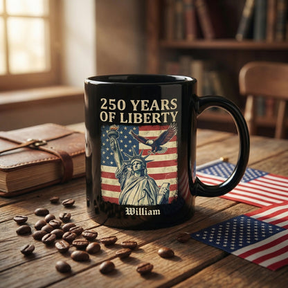 America 250 Years of Liberty Personalized Black Mug – USA 1776-2026 Patriotic Statue of Liberty Mug