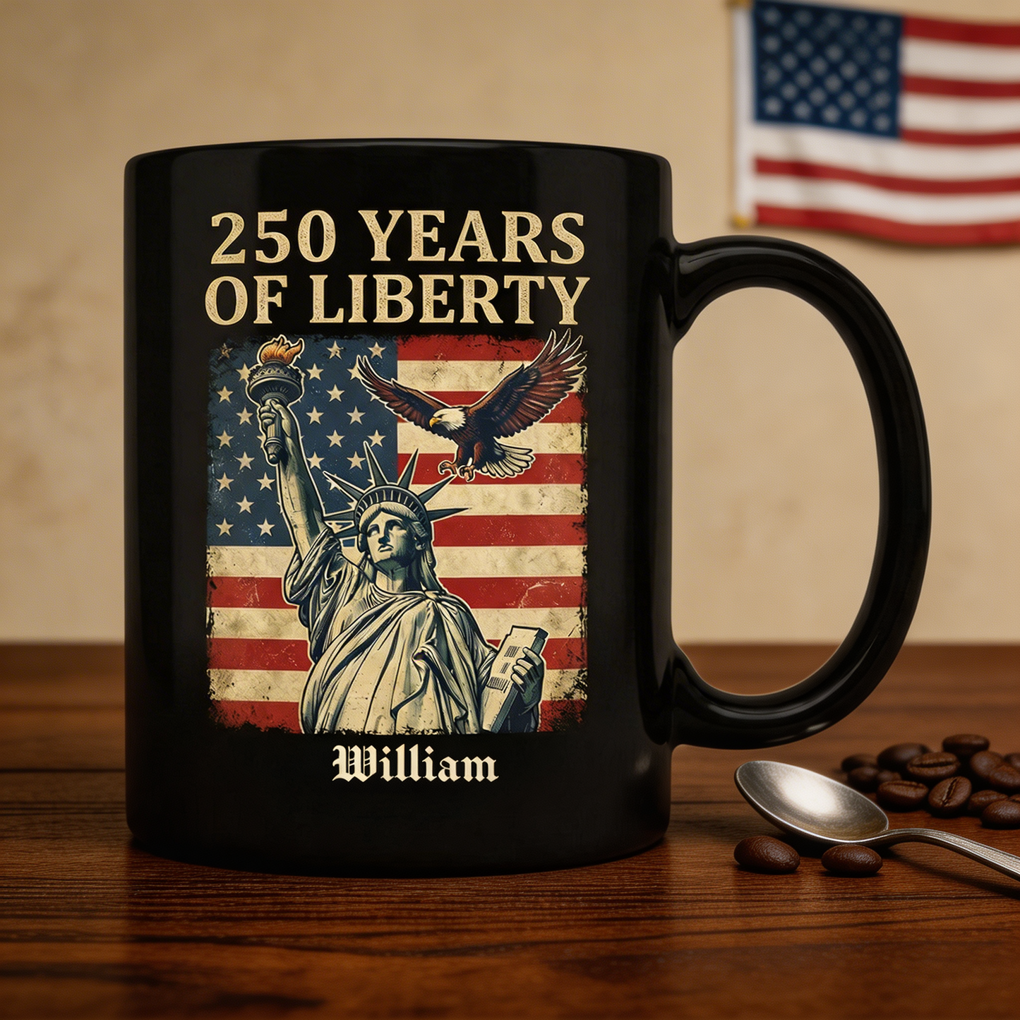 America 250 Years of Liberty Personalized Black Mug – USA 1776-2026 Patriotic Statue of Liberty Mug