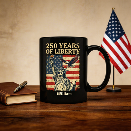 America 250 Years of Liberty Personalized Black Mug – USA 1776-2026 Patriotic Statue of Liberty Mug