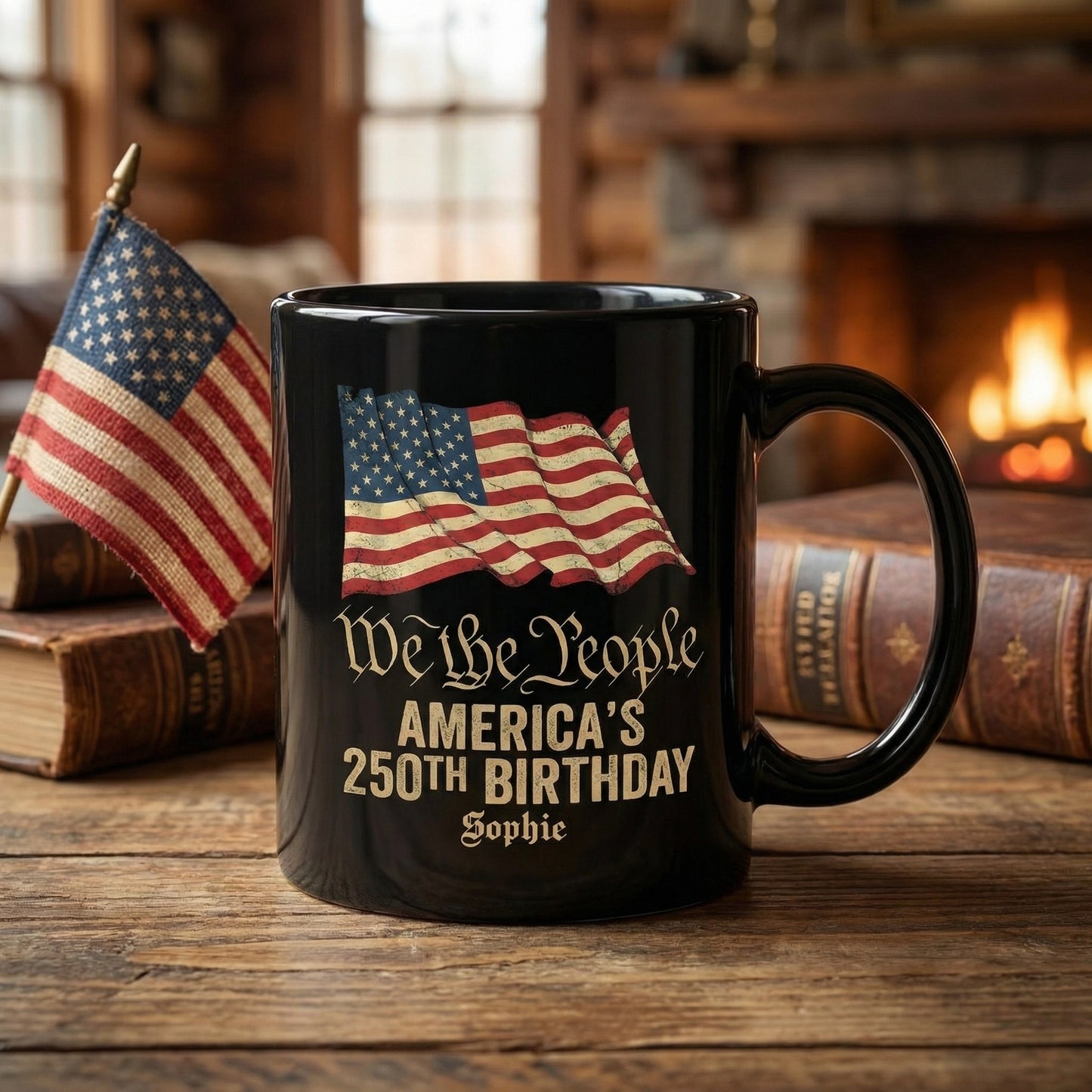 We The People America’s 250th Birthday Personalized Black Mug – USA 1776-2026 Patriotic Flag Mug