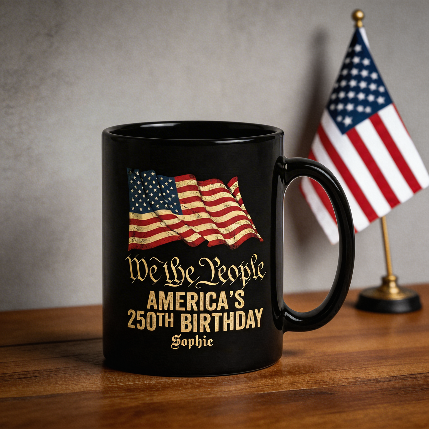 We The People America’s 250th Birthday Personalized Black Mug – USA 1776-2026 Patriotic Flag Mug