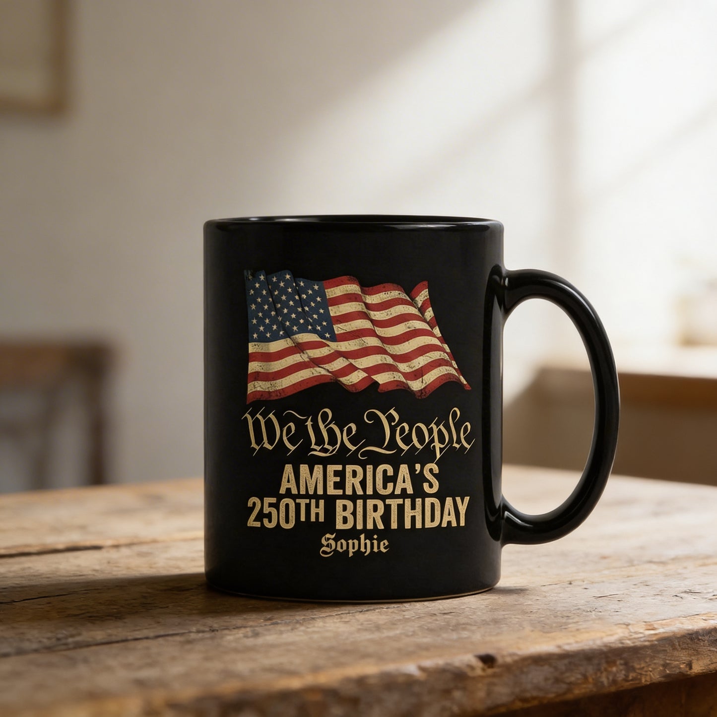 We The People America’s 250th Birthday Personalized Black Mug – USA 1776-2026 Patriotic Flag Mug