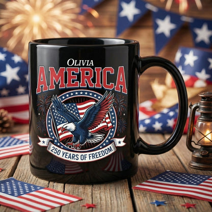 America 250 Years of Freedom Personalized Black Mug – USA 1776–2026 Patriotic Eagle Anniversary Mug