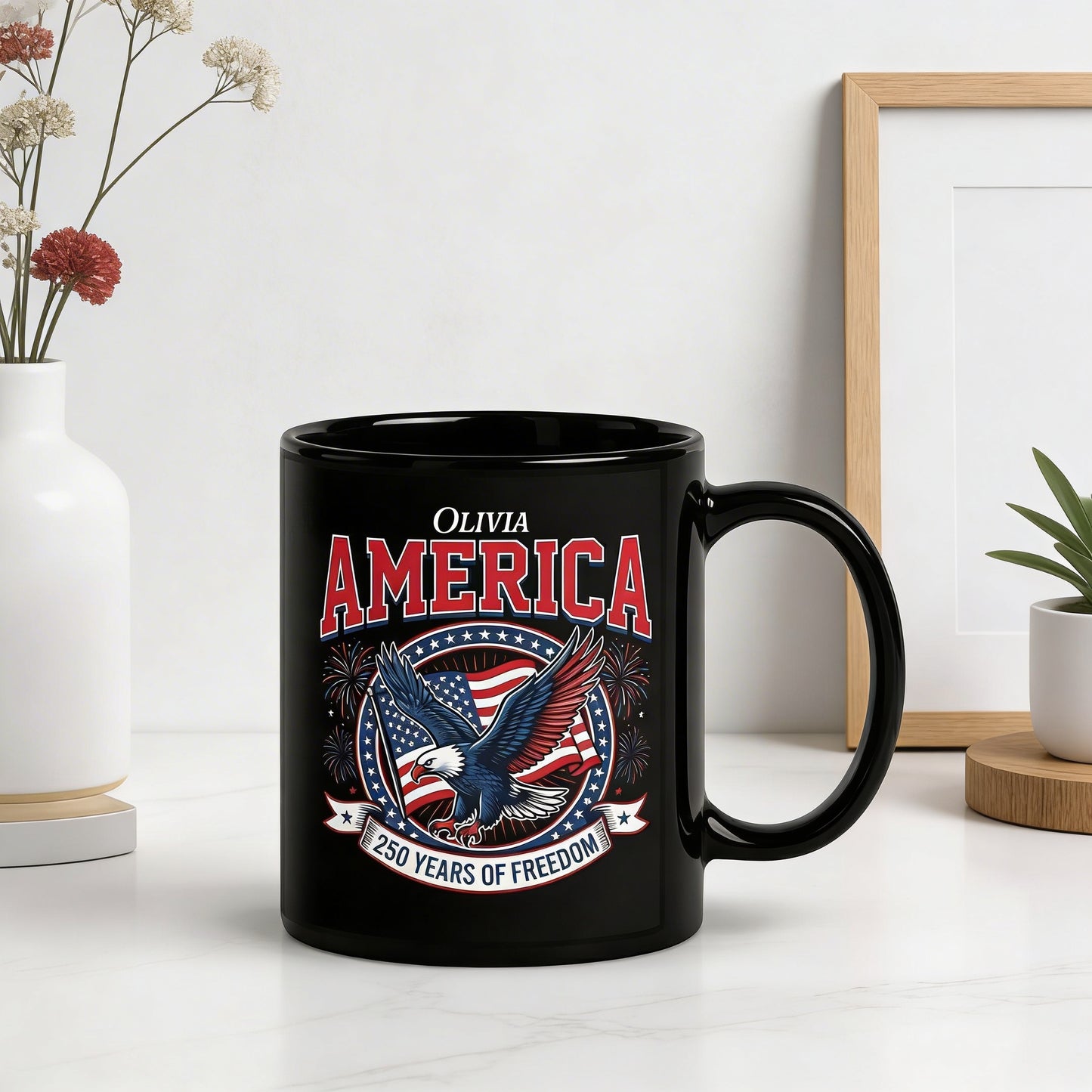 America 250 Years of Freedom Personalized Black Mug – USA 1776–2026 Patriotic Eagle Anniversary Mug