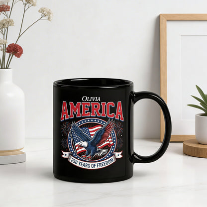 America 250 Years of Freedom Personalized Black Mug – USA 1776–2026 Patriotic Eagle Anniversary Mug