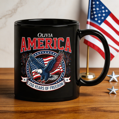 America 250 Years of Freedom Personalized Black Mug – USA 1776–2026 Patriotic Eagle Anniversary Mug
