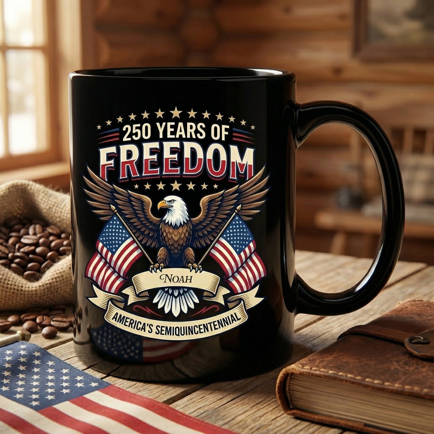 America Eagle 250 Years of Freedom Personalized Black Mug – USA 1776–2026 Semiquincentennial Patriotic Mug
