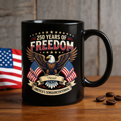 America Eagle 250 Years of Freedom Personalized Black Mug – USA 1776–2026 Semiquincentennial Patriotic Mug