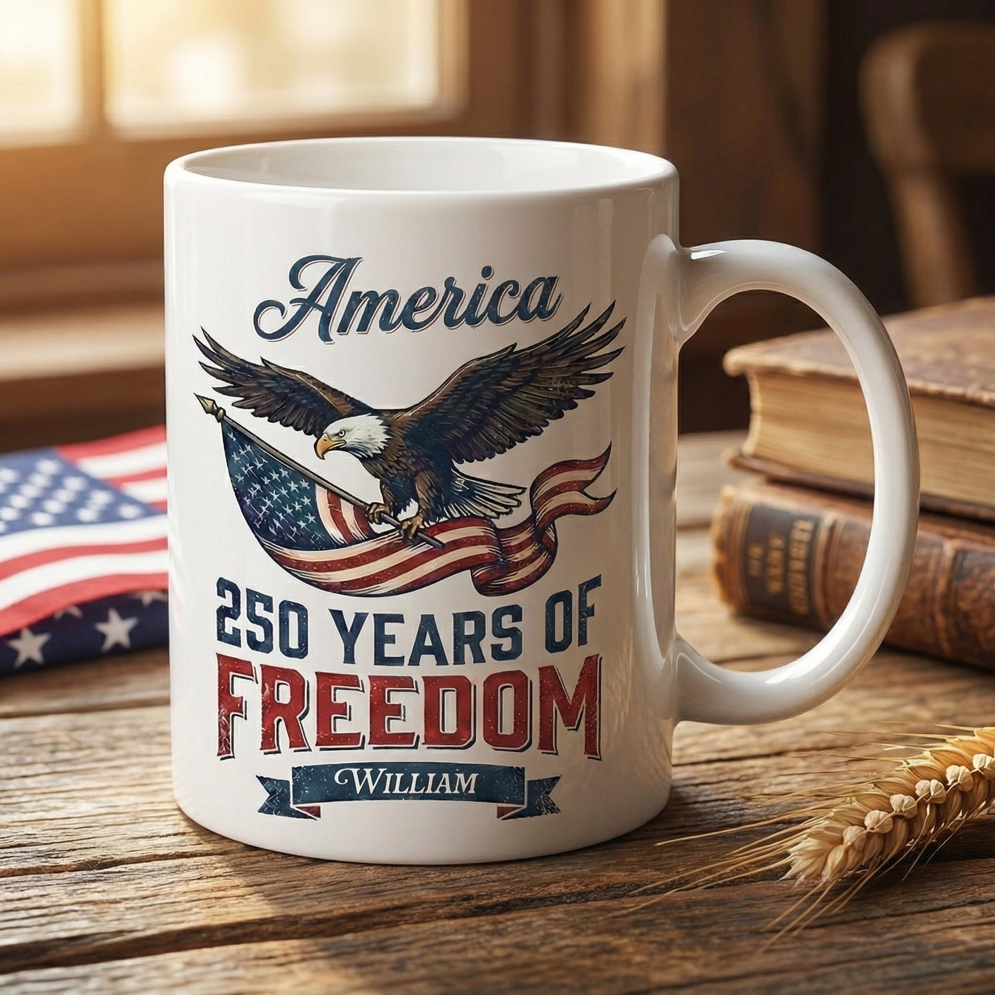 America Semiquincentennial 250 Years of Freedom Personalized White Mug – USA 1776–2026 Patriotic Eagle Anniversary Mug